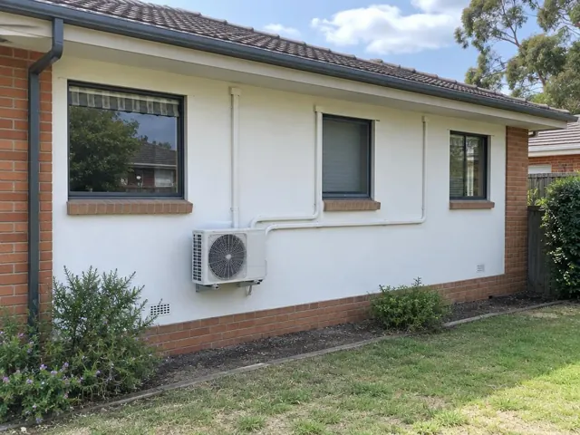 Outdoor air conditioning unit with white pipe covers on a brick and rendered house wall in Hope Valley