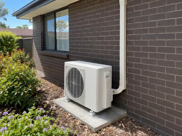 Outdoor air conditioner unit on a concrete pad beside a brick house wall in Klemzig